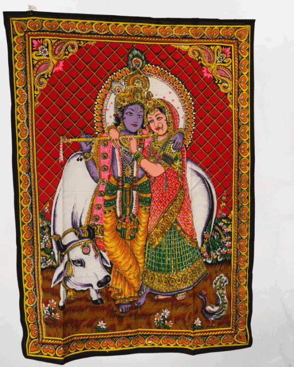 Tapiz hindú de Krishna y Radha – Pintado a mano